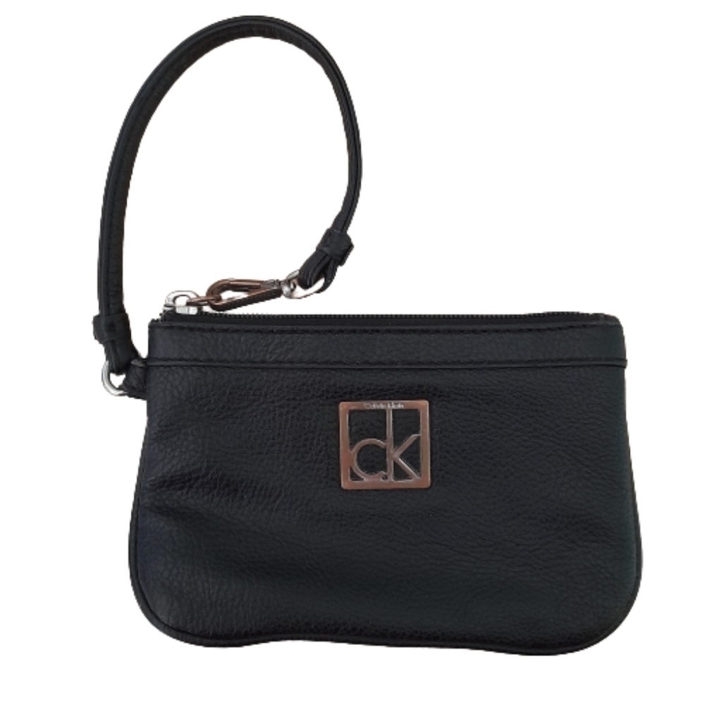 Calvin Klein Wristlet Zip Top Distressed Gold Hardware Black Bag Purse